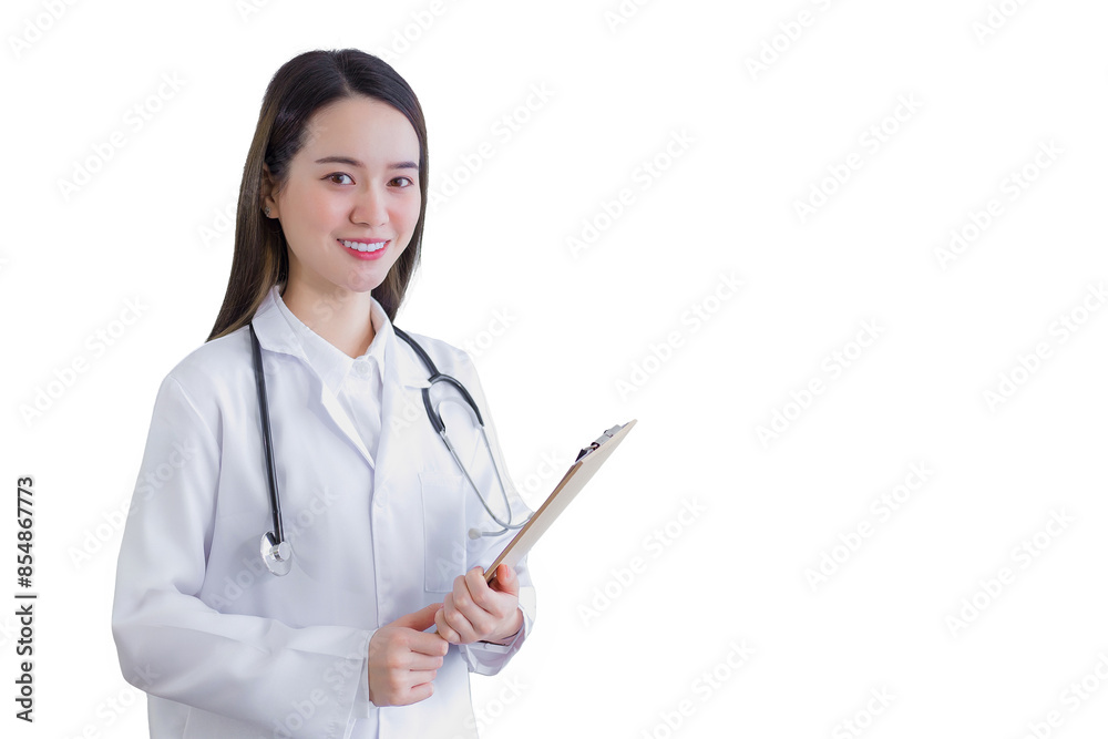 Professional young woman doctor holding document in clipboard smiling looking at camera while she wears white lab coat and stethoscope in hospital while isolated white background. Professional young woman doctor holding document in clipboard smiling looking at camera while she wears white lab coat and stethoscope in hospital while isolated white background.