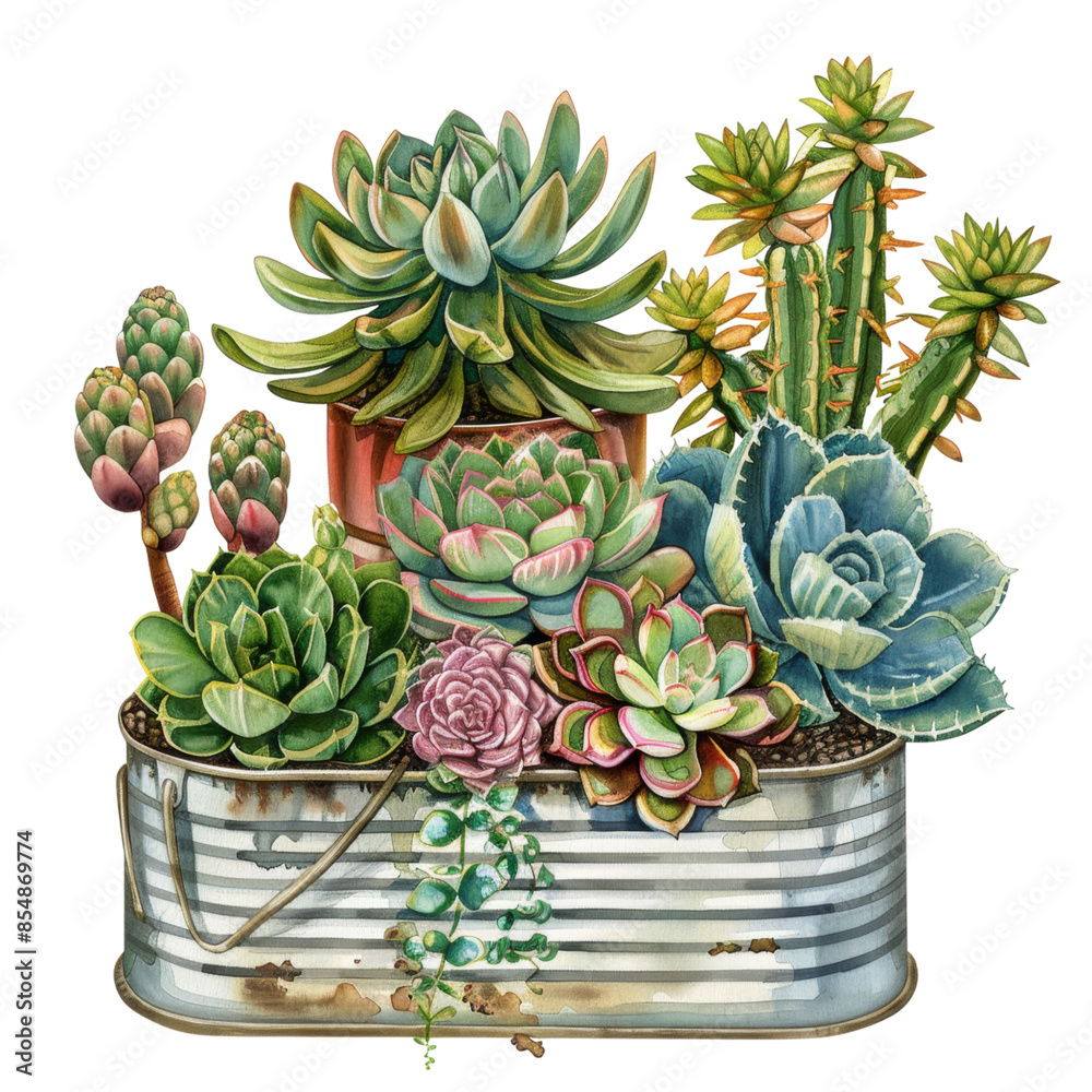 Obraz premium Lush Watercolor Succulent Arrangement, Ideal for Home Decor and Gardening Guides, Isolated on Transparent Background