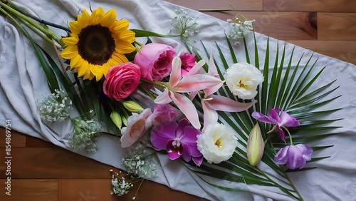 Mix of flowers flat lay on white wood inside such as sunflower pink rose lily purple orchid palm leaf gypso photo