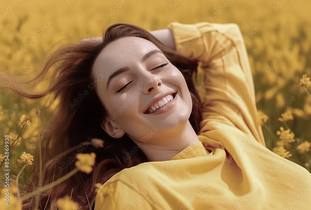 woman is laying in a field of yellow flowers, smiling and looking up. Scene is peaceful and joyful, as the woman is enjoying the beauty of nature and the warmth of the sun woman is laying in a field of yellow flowers, smiling and looking up. Scene is peaceful and joyful, as the woman is enjoying the beauty of nature and the warmth of the sun