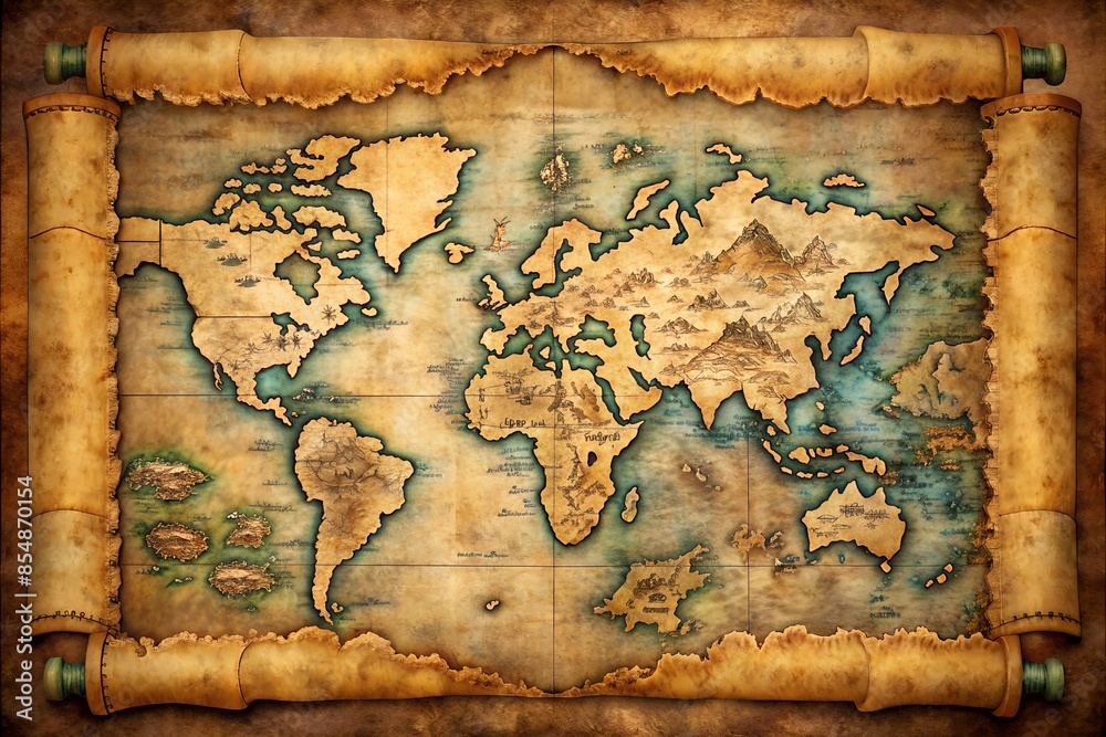 Fototapeta premium Vintage World Map Scroll with Intricate Geographical Details