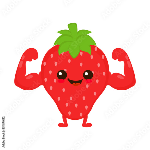 Cute happy smiling strawberry  show muscle character. Vector hand drawn cartoon kawaii character