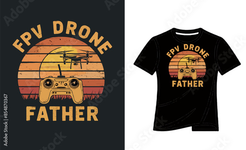 Colorful vintage t-shirt design the sunset is an image of a classic drone controller and a flying drone in the distance