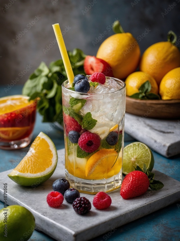 Fresh Citrus Berry Cocktail on Rustic Background Fresh Citrus Berry Cocktail on Rustic Background