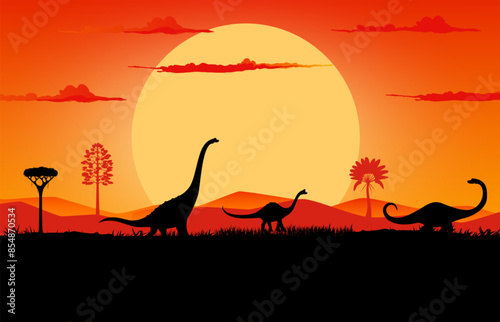 Dinosaurs silhouettes on sunset landscape with prehistoric trees, hills and plants. Vector serene background with brachiosaurus dino shadows roaming peacefully in front of large sun in orange dusk sky