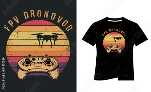 Colorful vintage t-shirt design the sunset is an image of a classic drone controller and a flying drone in the distance