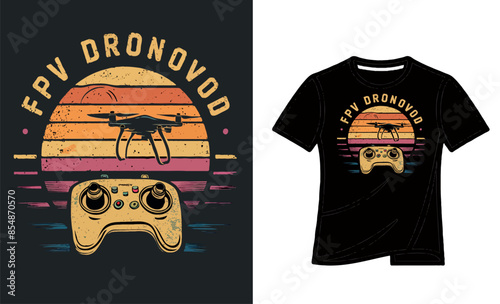 Colorful vintage t-shirt design the sunset is an image of a classic drone controller and a flying drone in the distance