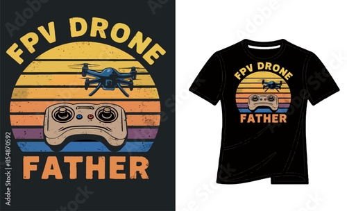 Colorful vintage t-shirt design the sunset is an image of a classic drone controller and a flying drone in the distance