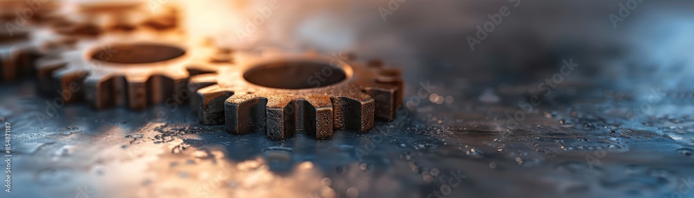 Metal gears on a textured surface, illuminated by warm light, showcasing industrial engineering and mechanical concepts. Metal gears on a textured surface, illuminated by warm light, showcasing industrial engineering and mechanical concepts.