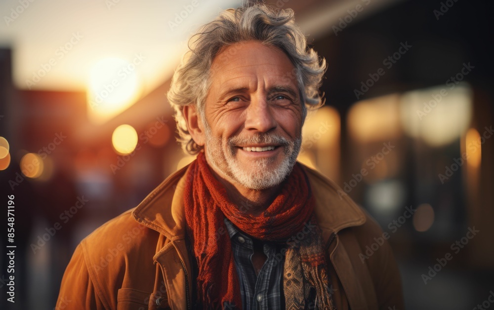 A man with a red scarf and a beard is smiling. He is wearing a brown coat and a blue shirt A man with a red scarf and a beard is smiling. He is wearing a brown coat and a blue shirt