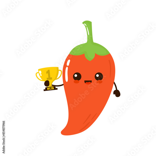 Cute happy chili with gold trophy. Vector flat vegetarian cartoon character illustration icon design