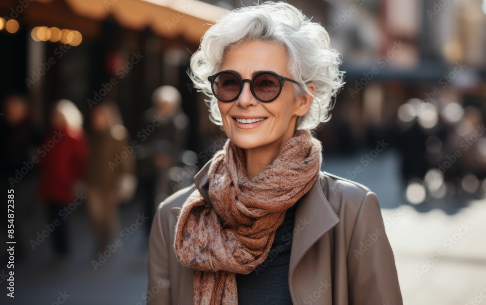 A woman wearing a brown scarf and sunglasses is smiling in front of a building. The scene is lively and bustling with people walking around A woman wearing a brown scarf and sunglasses is smiling in front of a building. The scene is lively and bustling with people walking around