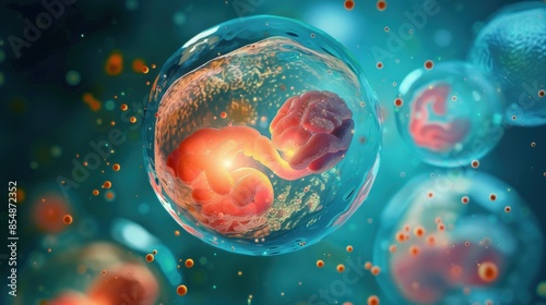 3D illustration of a group of stem cells floating in a nutrient-rich fluid. photo