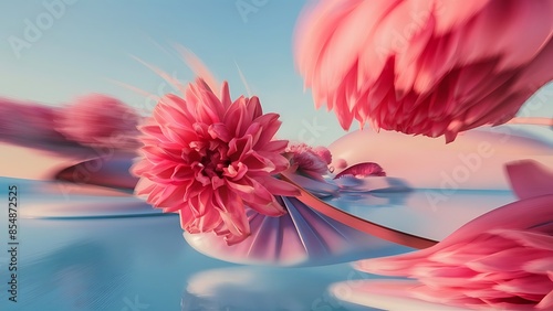 Close up abstract surrealism pink flowers on blue sky pastel color with motion blur effect photo