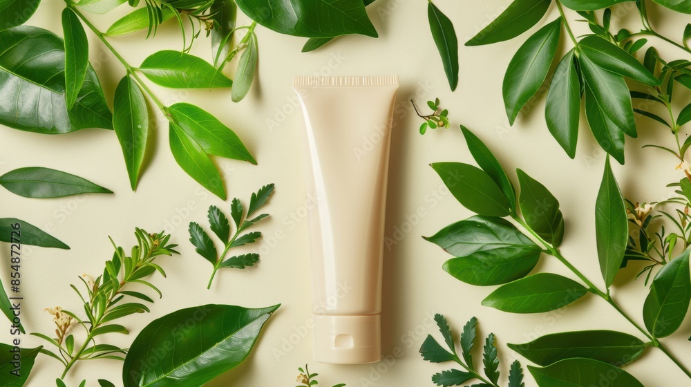 A tube of lotion is placed on top of a leafy green background A tube of lotion is placed on top of a leafy green background