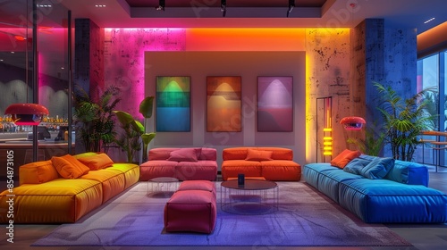 Vibrant Neon Living Room with Modern Art and Colorful Sofas in Evening Light