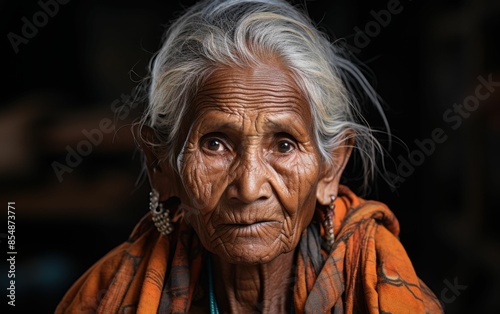 A woman with white hair and a wrinkled face is wearing an orange scarf. She looks sad and tired