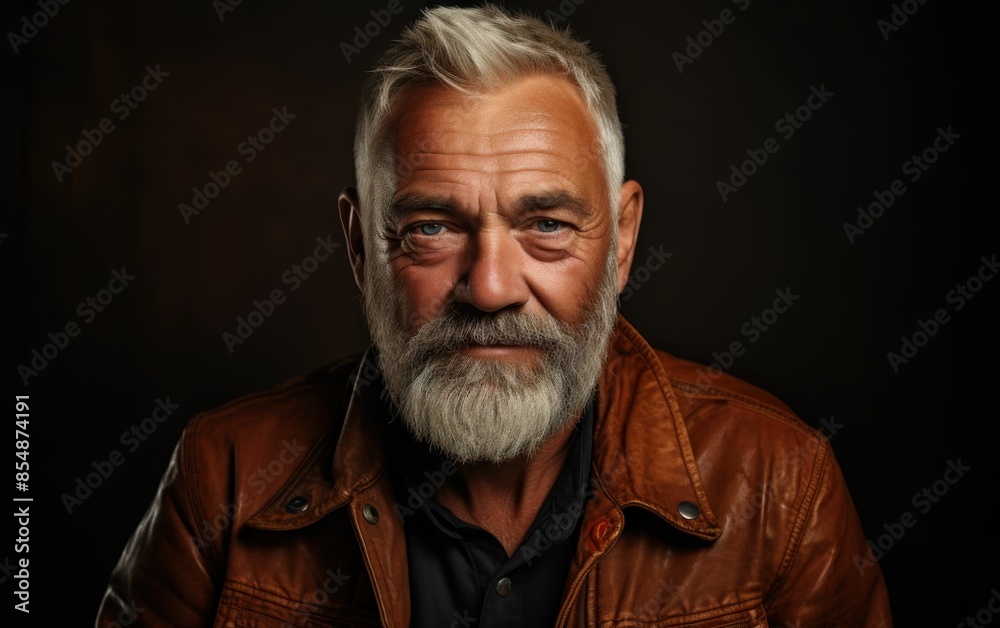 A man with a beard and a brown leather jacket is smiling. He looks happy and content. Concept of warmth and comfort, as the man is dressed in a cozy jacket and he is enjoying himself A man with a beard and a brown leather jacket is smiling. He looks happy and content. Concept of warmth and comfort, as the man is dressed in a cozy jacket and he is enjoying himself