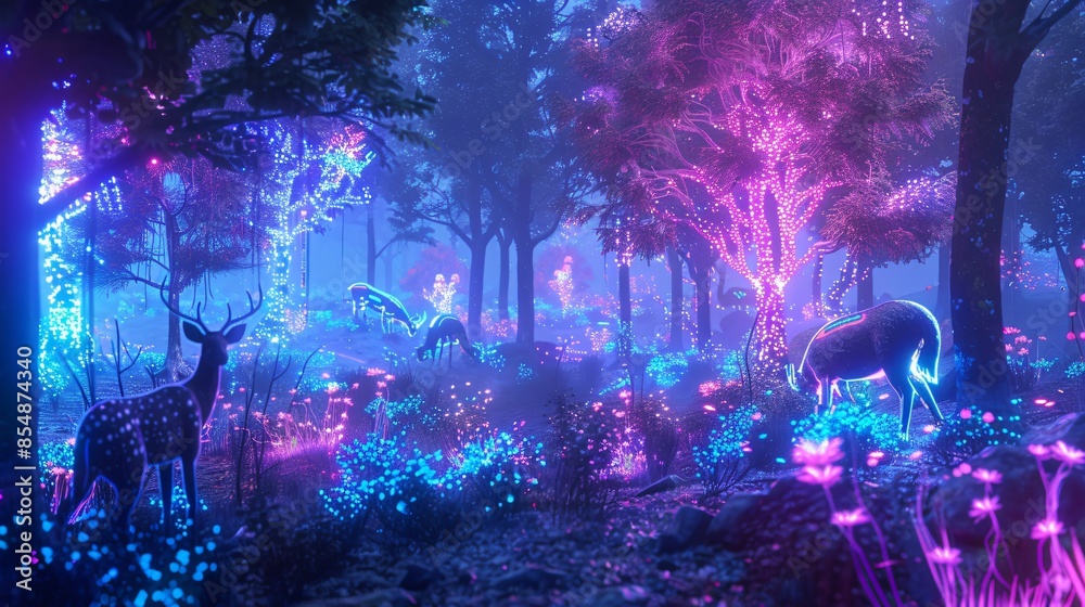 Obraz premium A digital art composition combining elements of cyberpunk and nature, featuring neon-lit trees and holographic animals