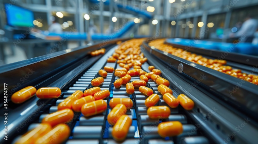 High-definition close-up of capsules on a bustling pharmaceutical production line, moving efficiently along a conveyor belt in a well-lit professional factory. High-definition close-up of capsules on a bustling pharmaceutical production line, moving efficiently along a conveyor belt in a well-lit professional factory.