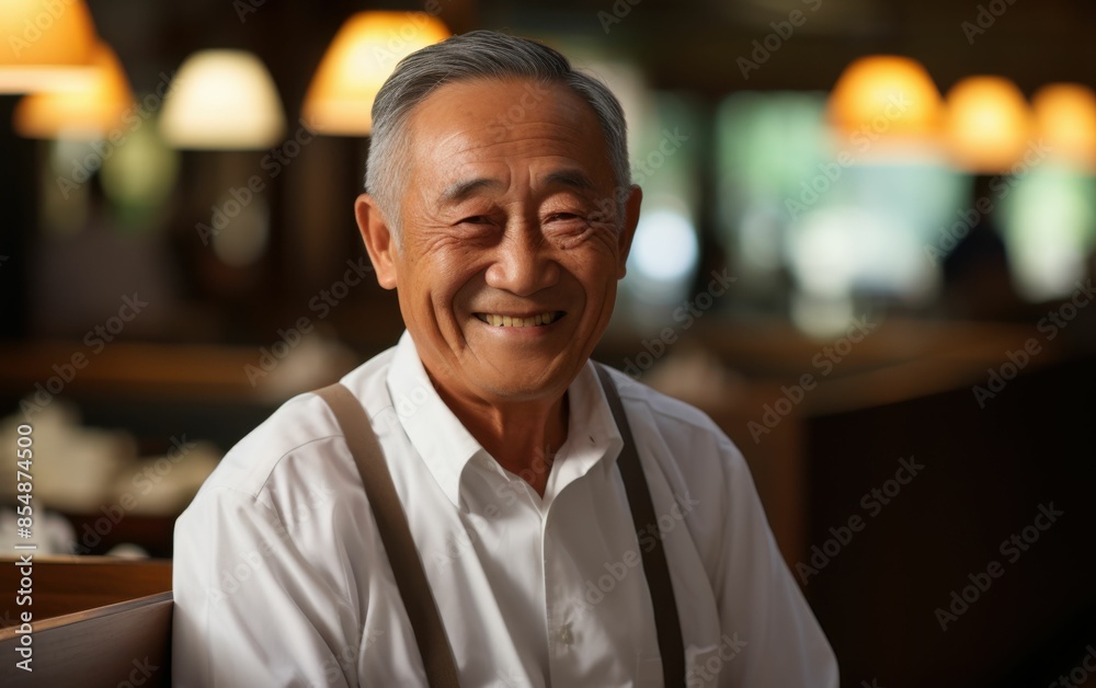 A man with a big smile on his face is sitting in a restaurant. He is wearing a white shirt and suspenders A man with a big smile on his face is sitting in a restaurant. He is wearing a white shirt and suspenders