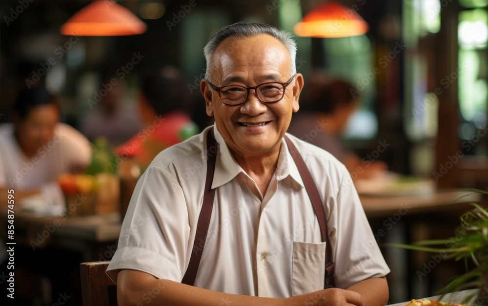 A man with glasses is smiling at the camera in a restaurant. He is wearing a white shirt and a brown apron A man with glasses is smiling at the camera in a restaurant. He is wearing a white shirt and a brown apron