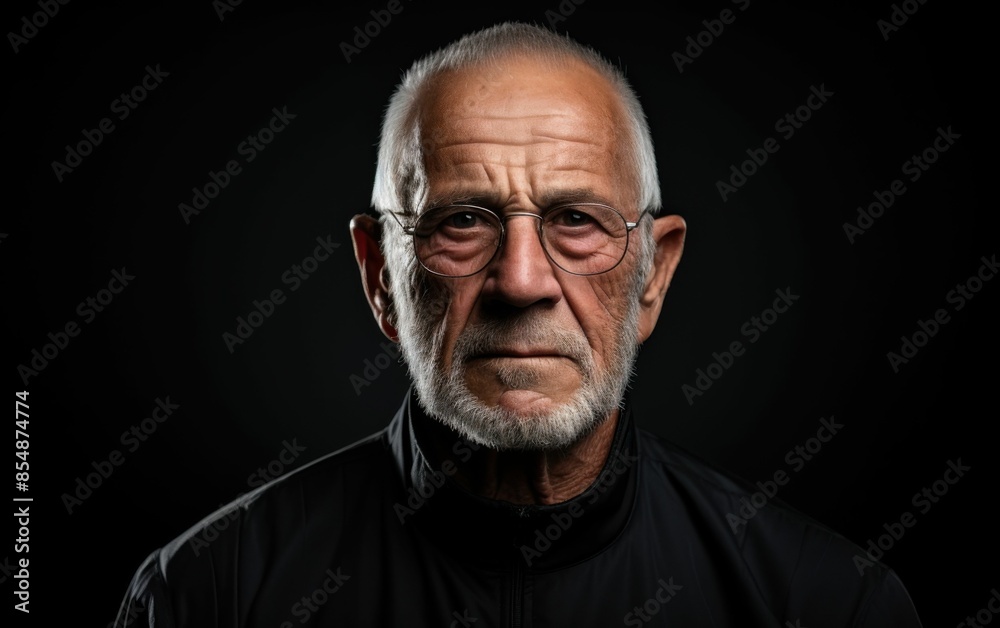 A man with a beard and glasses is looking at the camera. He is wearing a black jacket and a black shirt A man with a beard and glasses is looking at the camera. He is wearing a black jacket and a black shirt