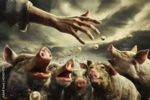 Swine with pearls: An illustrative representation showing valuable pearls given to pigs, symbolizing the futility of offering precious things to those who do not understand their value photo