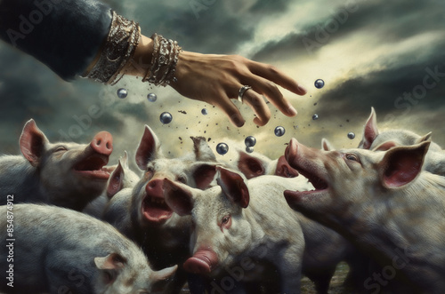 Pearls and pigs: A visual representation of precious items being given to those who cannot appreciate their value, highlighting the concept of wasted resources and unappreciated gifts photo
