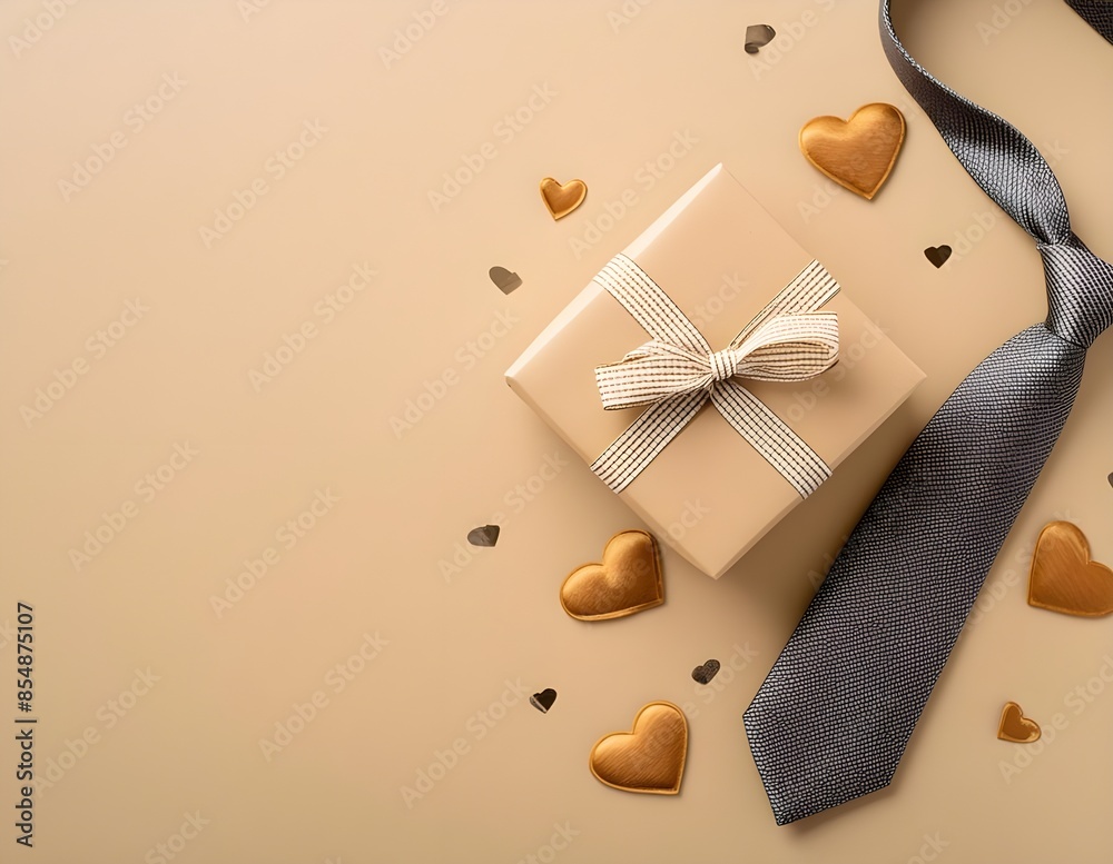 Modern creative Father's Day design. Flat lay of gift box with ribbon, tie, on beige background with space for text or promotion
