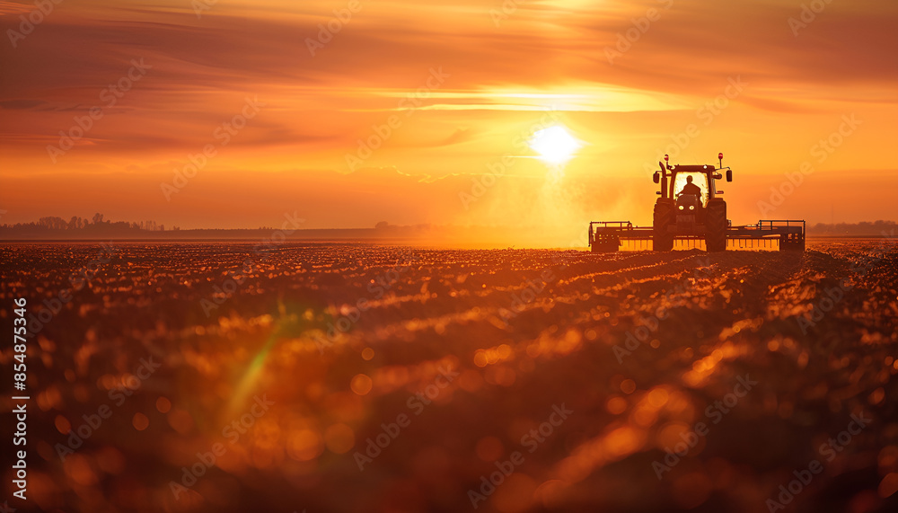 Agricultural workers with tractors. Ploughing a field with tractor at sunset Agricultural workers with tractors. Ploughing a field with tractor at sunset