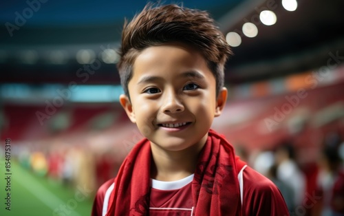 A young boy wearing a red jersey and scarf is smiling for the camera. Concept of happiness and excitement, as the boy appears to be enjoying himself