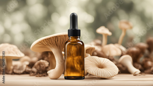 there is a bottle of mushroom oil next to a mushroom