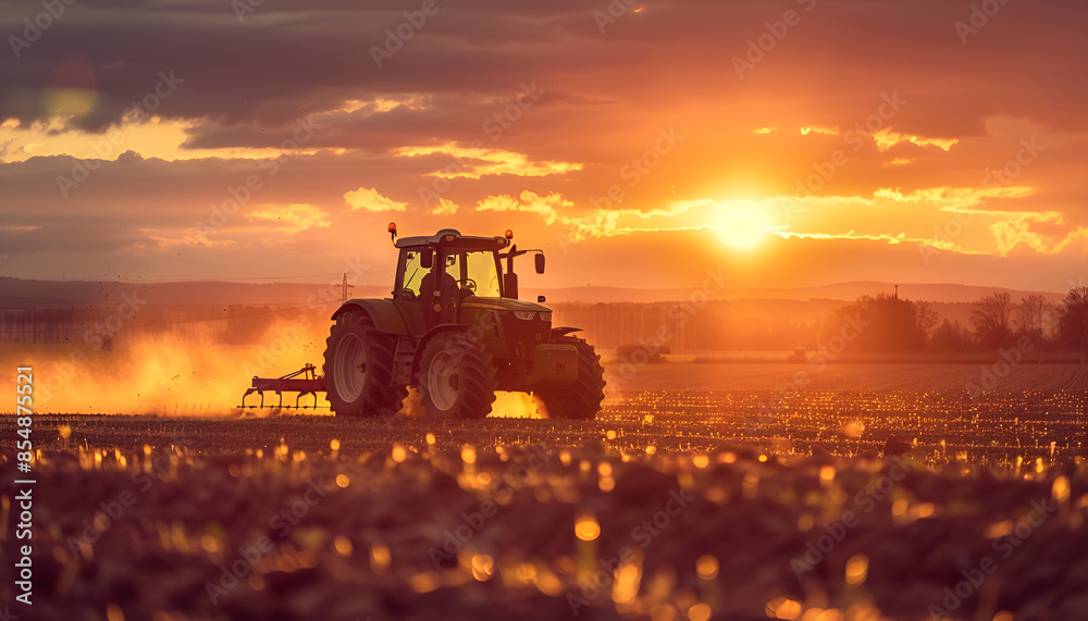 Agricultural workers with tractors. Ploughing a field with tractor at sunset Agricultural workers with tractors. Ploughing a field with tractor at sunset