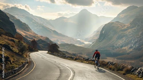 A single cyclist on a winding mountain road, with dramatic landscapes and distant peaks creating a sense of adventure