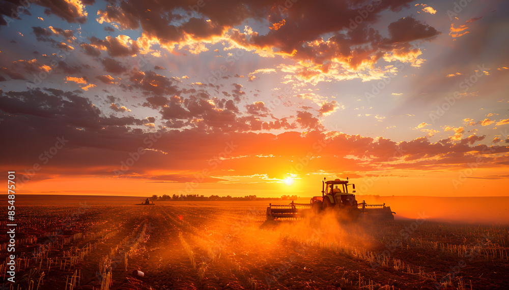 Fototapeta premium Agricultural workers with tractors. Ploughing a field with tractor at sunset