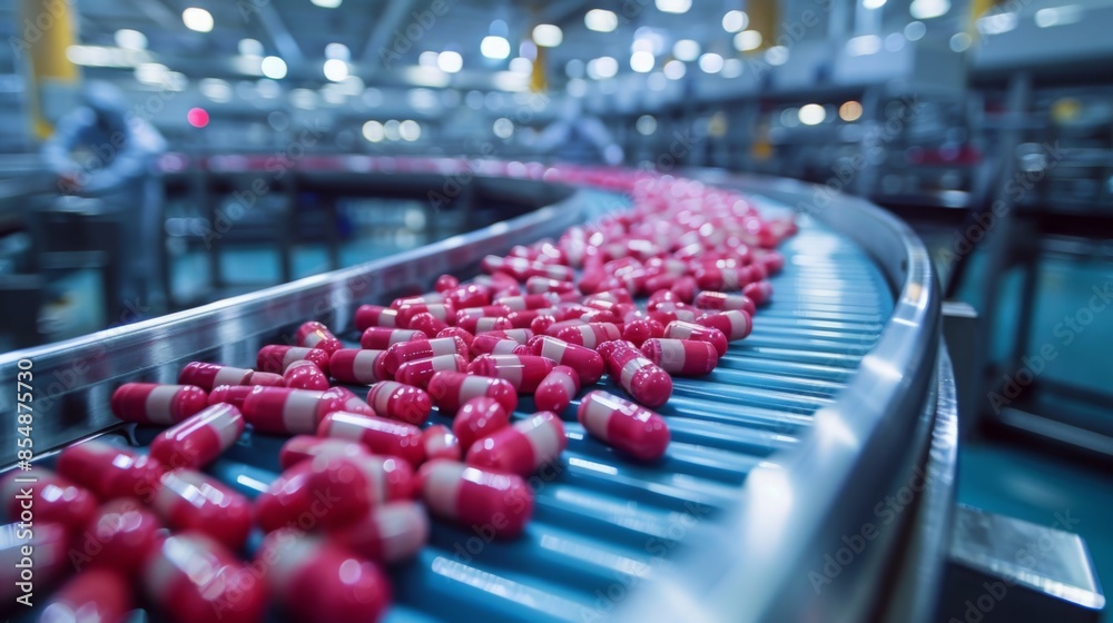 High-definition close-up of capsules on a bustling pharmaceutical production line, moving efficiently along a conveyor belt in a well-lit professional factory. High-definition close-up of capsules on a bustling pharmaceutical production line, moving efficiently along a conveyor belt in a well-lit professional factory.