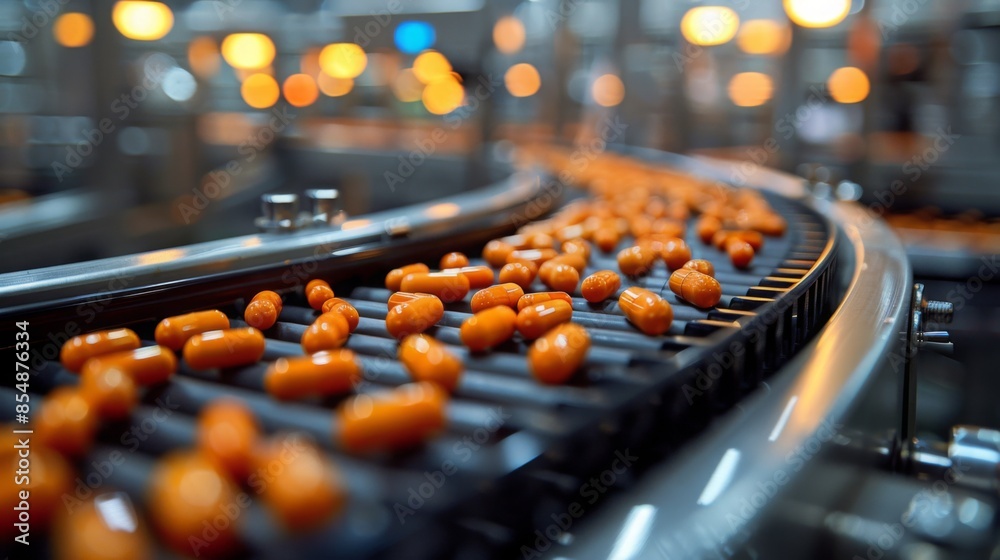 High-definition close-up of capsules on a bustling pharmaceutical production line, moving efficiently along a conveyor belt in a well-lit professional factory. High-definition close-up of capsules on a bustling pharmaceutical production line, moving efficiently along a conveyor belt in a well-lit professional factory.