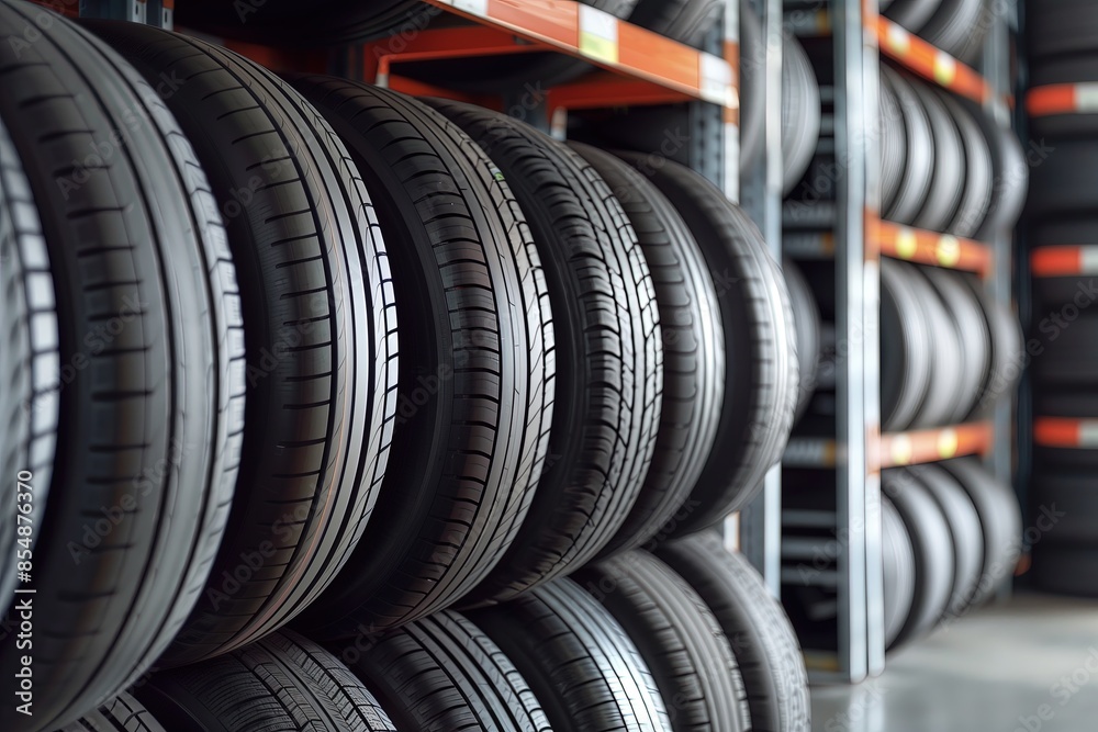 New tires in an auto shop. Rubber wheels stacked on shelves. Vehicle attribute. Auto service. Car care service. Automotive equipment. A row of tires on a rack. Tyre New tires in an auto shop. Rubber wheels stacked on shelves. Vehicle attribute. Auto service. Car care service. Automotive equipment. A row of tires on a rack. Tyre