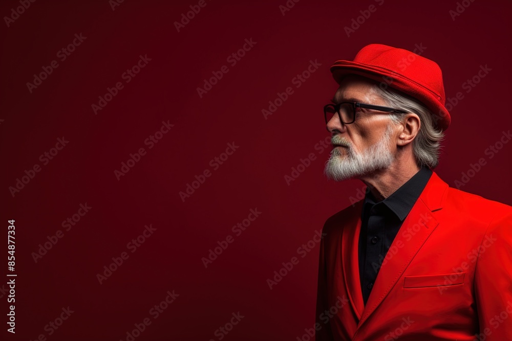 Obraz premium A man in a red suit and hat stands in front of a red background