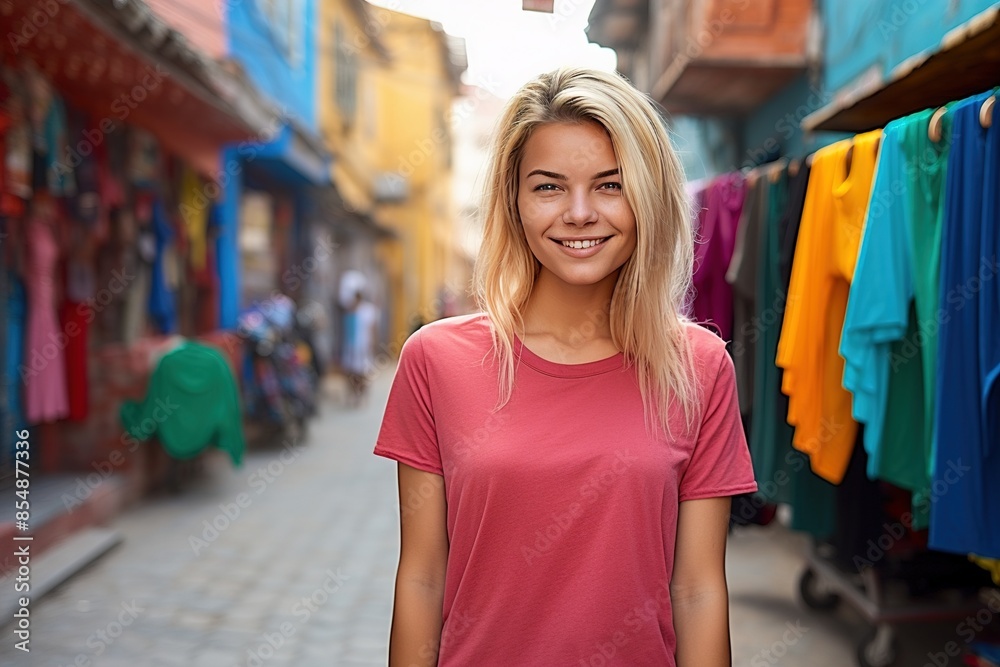 A woman in a pink shirt stands in front of a colorful display of clothes A woman in a pink shirt stands in front of a colorful display of clothes