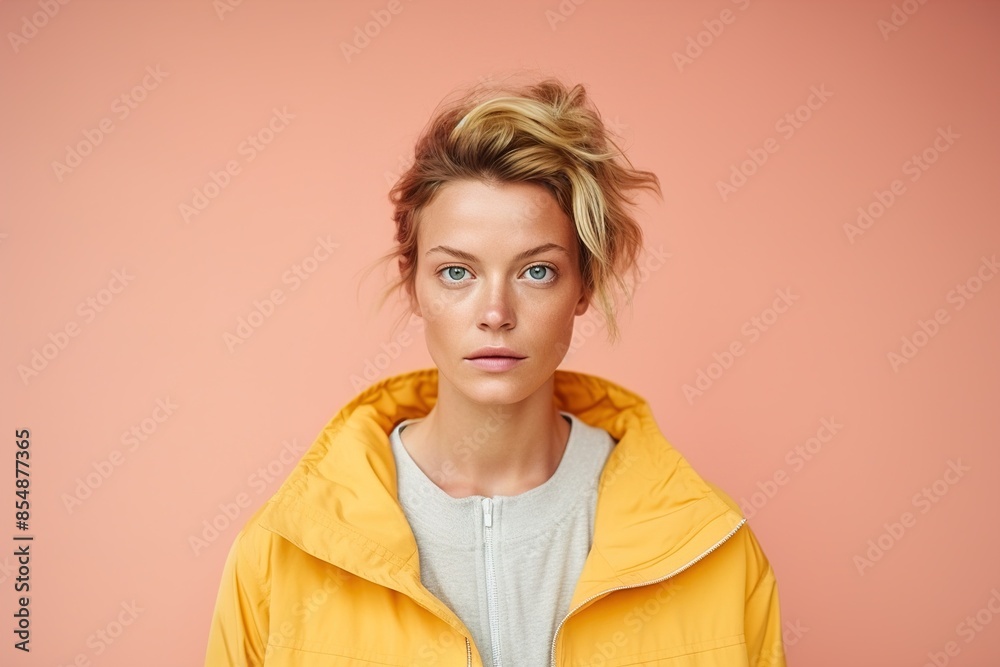 A woman in a yellow jacket is standing in front of a pink background A woman in a yellow jacket is standing in front of a pink background
