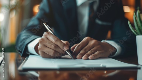 Businessman signing contract in office setting