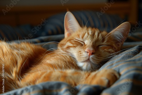 Peaceful Ginger Cat Sleeping on a Cozy Bed with Striped Blankets in Warm Sunlight - Perfect for Pet Lovers and Animal-Themed Projects