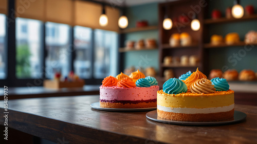 Fototapeta Naklejka Na Ścianę i Meble -  Two layered cakes with orange and turquoise cream toppings on a café counter