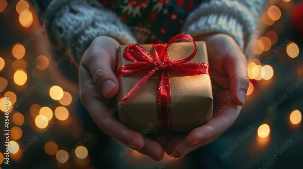 Close-up of childs hands holding a christmas gift Close-up of childs hands holding a christmas gift