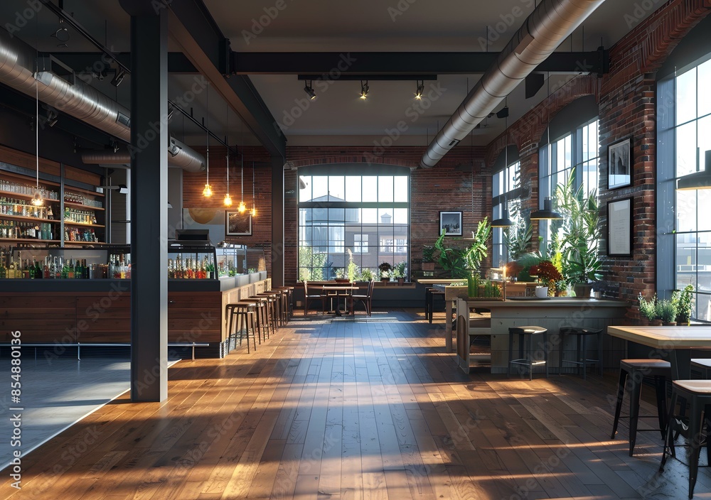retro industrial style empty restaurant or cafe with brick walls and large windows