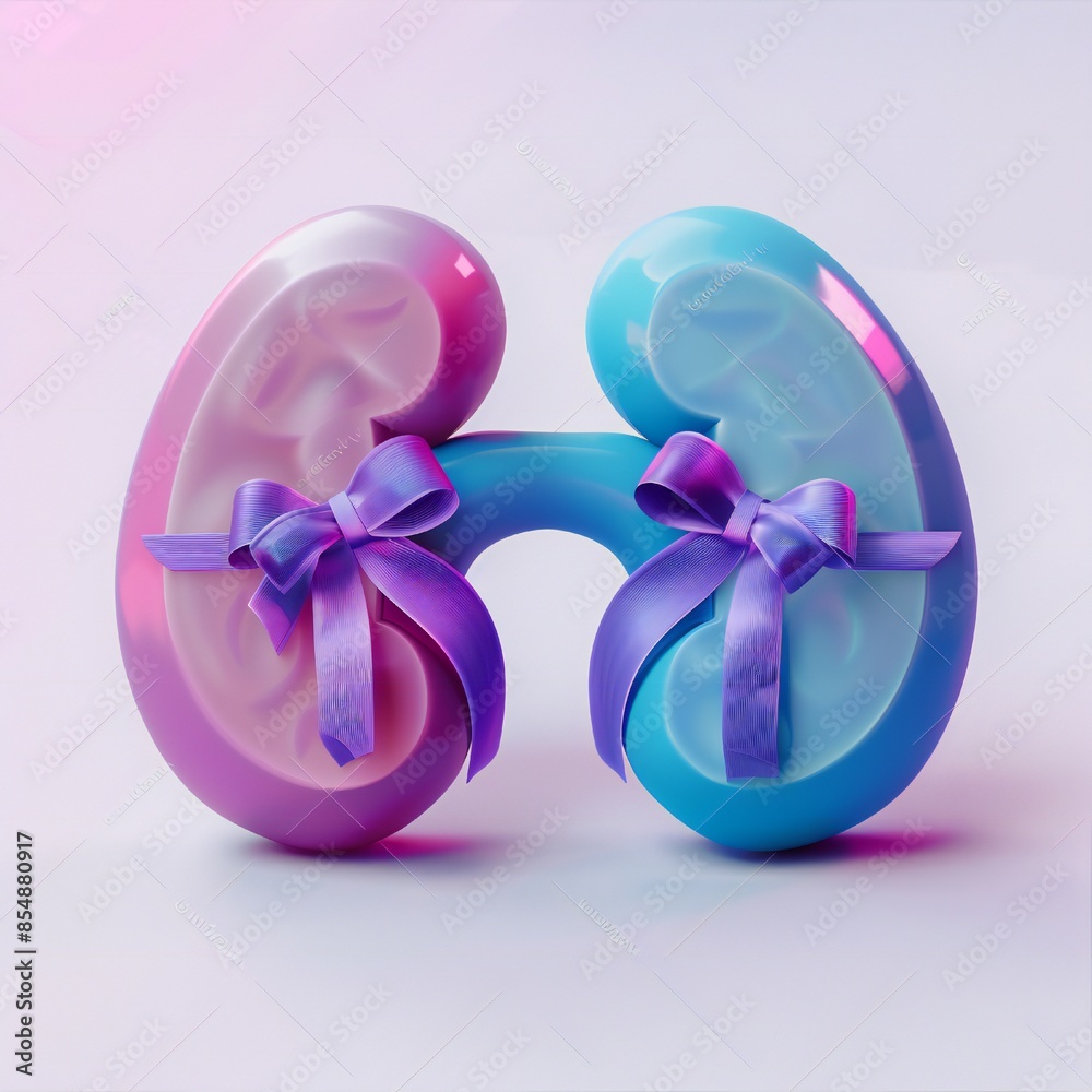 Fototapeta premium 3d render style kidneys with awareness ribbon on white background Generative Ai 