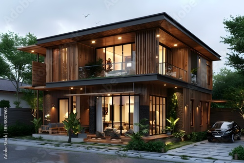 The beautiful and unique design of a modern house with wooden elements
