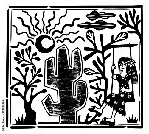 Brazilian northeast cordel style. Girl swinging on a swing. Woodcut illustration